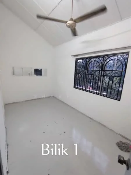 Bedroom features: white painted walls, sliding window with black metal grille, white ceiling, ceiling fan, polished concrete flooring, built-in shelving, natural light from window; style: minimalist; view: garden.