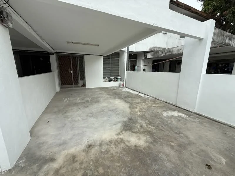 Exterior features: concrete flooring, white painted walls, covered car porch, open space, surrounded by walls, access to main entrance; style: modern.