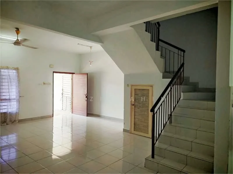 Room features: white painted walls, ceramic tile flooring, ceiling fan, staircase with metal railing, door leading outside, window with sheer curtains, built-in storage cabinet, natural light from window; style: modern.