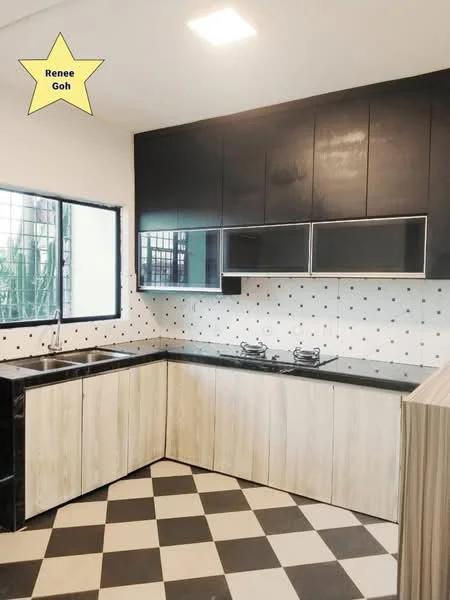 Kitchen features: black cabinetry with glass upper cabinets, white and black polka dot backsplash, black countertop, double-bowl stainless-steel sink, chrome pull-down faucet, 2-burner gas hob, checkerboard tile flooring in black and white, window with grid pattern, recessed ceiling light; style: modern; view: garden.