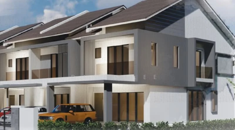 Exterior type: linked terrace house; features: two-storey building, white painted facade, horizontal wooden slats, flat roof, large windows, car porch, manicured landscaping, driveway, yellow car parked, surrounded by greenery; style: modern.