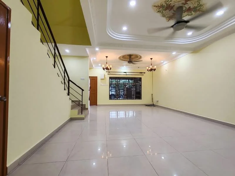 Living features: cream painted walls, polished ceramic tile flooring, tray ceiling with decorative design, 5-blade ceiling fan with light, two chandeliers, large window with black grille, staircase leading to upper floor, door leading to hallway; style: modern.