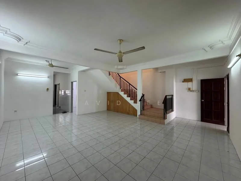 Living features: white painted walls, glossy ceramic tile flooring, 5-blade ceiling fan, staircase leading to upper floor, wall-mounted light fixtures, open layout, large windows, doorway leading to another room; style: modern. Room features: white painted walls, glossy ceramic tile flooring, staircase leading to upper floor, wall-mounted light fixtures, open layout, large windows, doorway leading to another room.