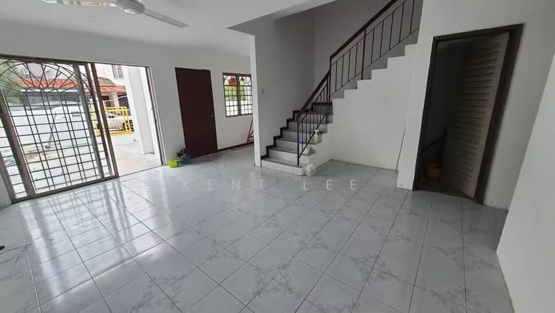 Living features: white painted walls, ceramic tile flooring, ceiling fan, large windows with metal grilles, staircase with metal railing, open layout, natural light, door leading outside; style: modern; view: garden. Room features: white painted walls, ceramic tile flooring, doorway leading to another room, storage area.