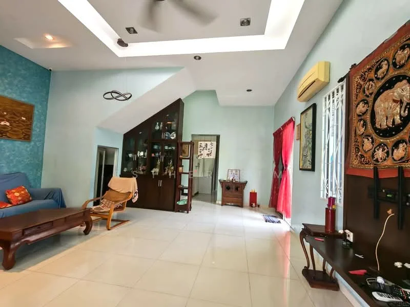 Living features: light blue painted walls, white ceiling with recessed lighting, 5-blade ceiling fan, large windows with sheer curtains, white tiled flooring, wooden coffee table, blue fabric sofa, decorative wall art, display cabinet with glass doors, red curtains, decorative items on shelves, wall-mounted TV, wooden rocking chair; style: contemporary.