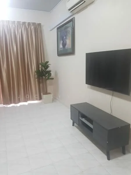 Living features: light-coloured tiled flooring, cream painted walls, wall-mounted flat-screen TV, black TV console, framed artwork on wall, floor-to-ceiling curtains in gold, indoor plant in pot, wall-mounted split AC; style: modern.