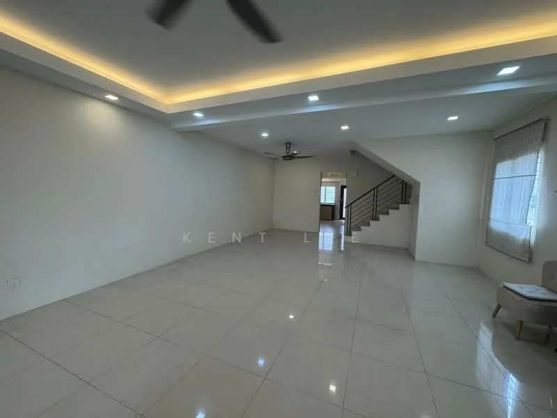 Living features: white painted walls, polished ceramic tile flooring, tray ceiling with recessed lighting, 5-blade ceiling fan, large windows with sheer curtains, open layout, staircase leading to upper floor, natural light from windows; style: modern.