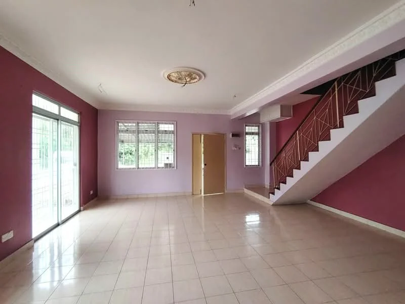Living features: pink painted walls, white ceiling with crown moulding, glazed tile flooring, floor-to-ceiling windows, sliding glass door, staircase with metal railing, natural light from windows, open layout; style: modern.