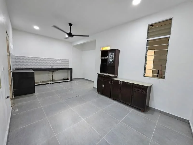 Kitchen features: grey ceramic tile flooring, white painted walls, ceiling fan, kitchen cabinetry with dark wood finish, countertop with light surface, zigzag patterned backsplash, window with horizontal slats, sink area, open layout; style: modern.