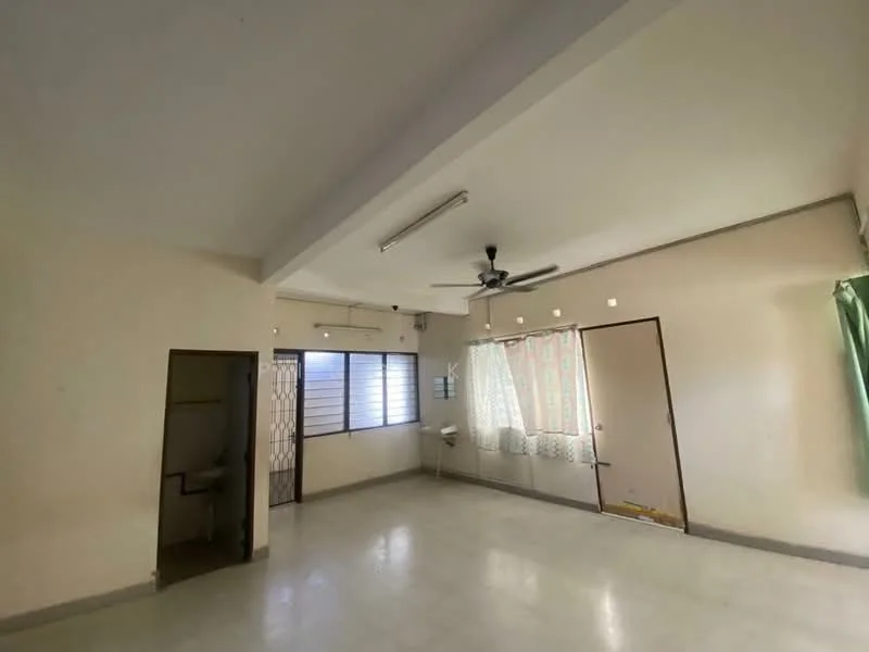 Room features: white painted walls, sliding windows, ceiling fan, tile flooring, natural light from windows, curtains, door leading to another room, corner space for furniture.