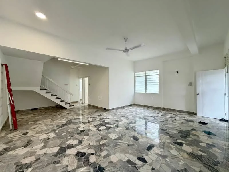 Living features: marble flooring, white painted walls, ceiling fan, large windows, staircase, door to hallway, door to utility area, light fixtures; style: modern.