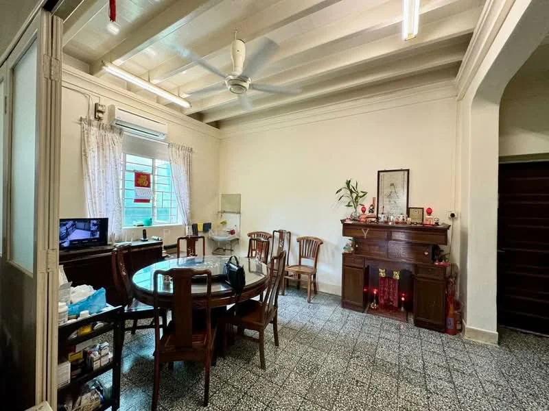 Dining features: round dining table, wooden dining chairs, ceiling fan, wall-mounted air conditioning unit, white painted walls, exposed beams, tiled flooring with mosaic pattern, wooden sideboard, decorative wall art, curtains, houseplants, small display cabinet; style: traditional.