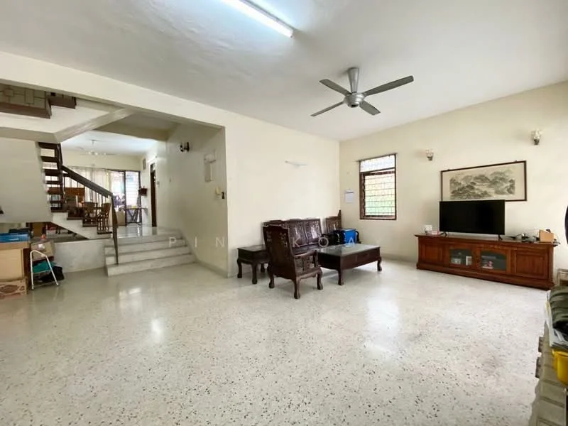 Living features: polished concrete flooring, white painted walls, ceiling fan, wooden coffee table, two wooden armchairs, TV console, wall-mounted TV, large window with natural light, decorative wall art, recessed lighting; style: modern. Room features: staircase leading to upper floor, open layout, natural light from adjacent room.