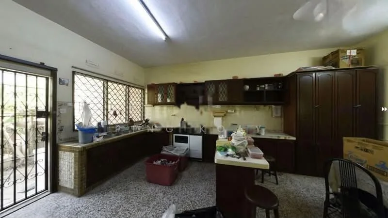 Kitchen features: brown wooden cabinetry, white countertop, single-bowl stainless-steel sink, built-in oven, freestanding refrigerator, ceramic tile flooring, window with metal grille, ceiling fan, kitchen island with seating, various kitchen appliances, open shelving, storage boxes, decorative items on countertop; style: traditional; view: garden.