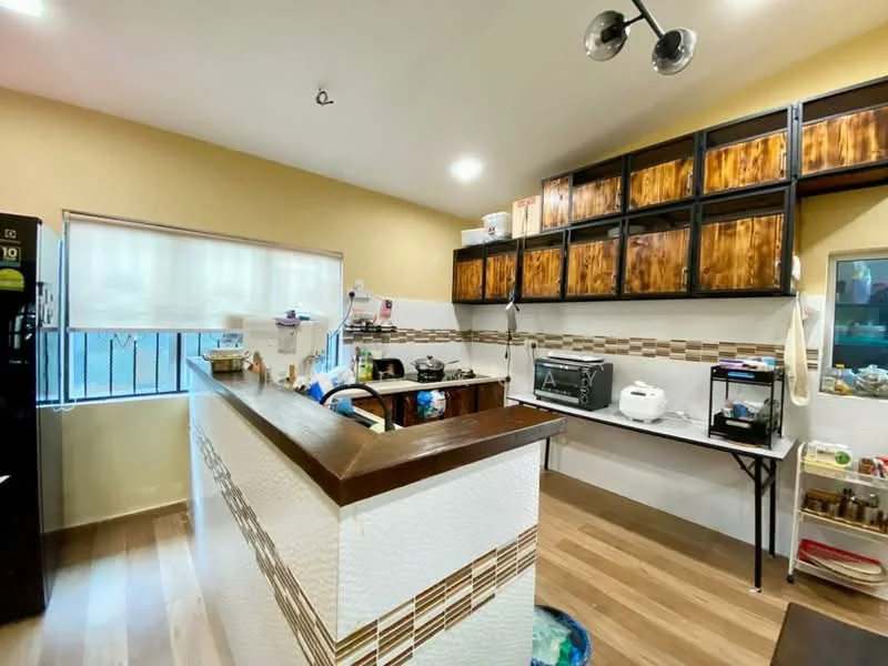 Kitchen features: wood cabinetry with a dark finish, white tiled backsplash, countertop with a textured surface, single-bowl stainless-steel sink, chrome pull-down faucet, built-in microwave, freestanding rice cooker, freestanding kettle, refrigerator, wall-mounted shelves, open shelving, laminate flooring, window with blinds, track lighting; style: modern.