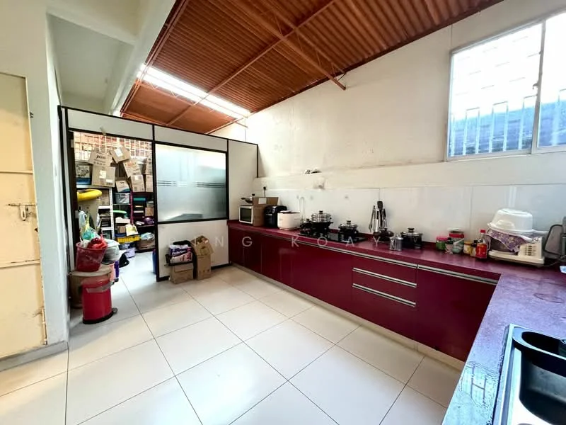 Kitchen features: red cabinetry, white countertop, stainless-steel sink, chrome pull-down faucet, built-in stove, multiple cooking pots, microwave, refrigerator, tile flooring, large window for natural light, glass partition, open shelving, storage boxes, wall-mounted shelves; style: modern.