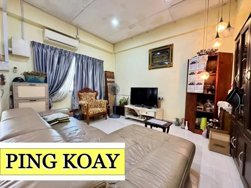 Living features: cream painted walls, white ceiling, 5-blade ceiling fan, recessed downlights, large window with sheer curtains, brown leather sectional sofa, wooden coffee table, wall-mounted TV, decorative wall unit, framed artwork, area rug, armchair with floral upholstery; style: contemporary.
