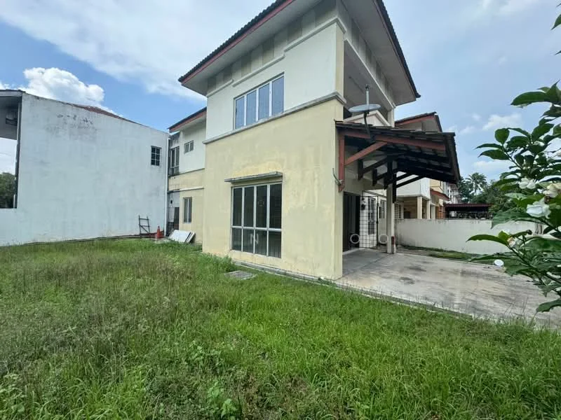 Exterior type: detached bungalow; features: two-storey building, yellow painted facade, large windows, covered porch, manicured lawn, surrounding greenery, concrete flooring at porch, gabled roof, open space at side, fenced perimeter; style: modern.