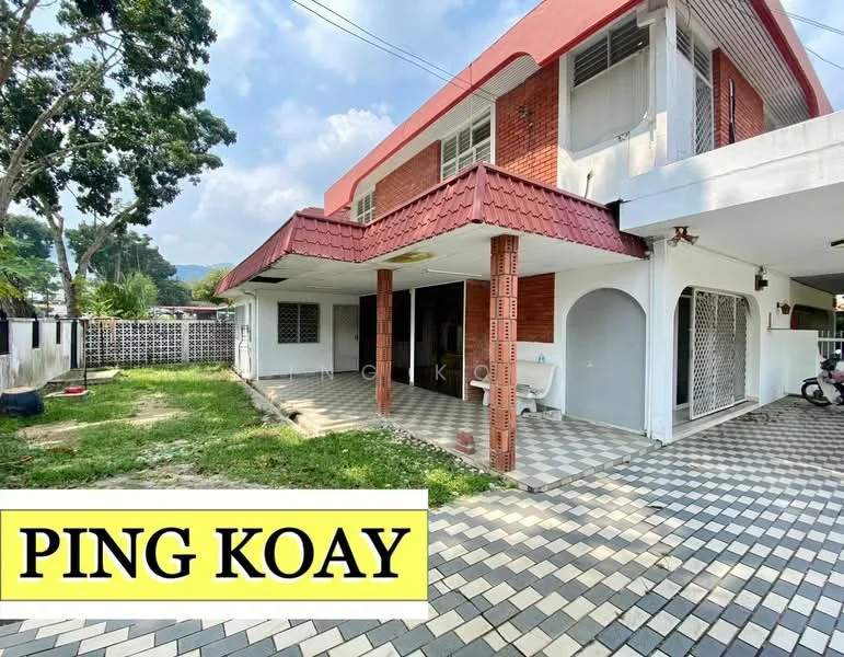 Exterior type: semi-detached house; features: red tiled roof, white painted facade, brick accents, paved driveway, manicured lawn, fenced yard, outdoor seating area, covered porch, large windows, landscaped garden; style: modern.