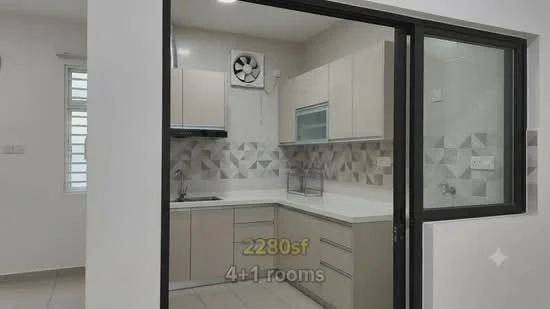 Kitchen features: white cabinetry, grey patterned backsplash, stainless-steel sink, chrome pull-down faucet, built-in oven, stainless-steel range hood, 4-burner gas hob, refrigerator, wall-mounted split AC, white walls, light tile flooring, countertop with integrated sink; style: modern.