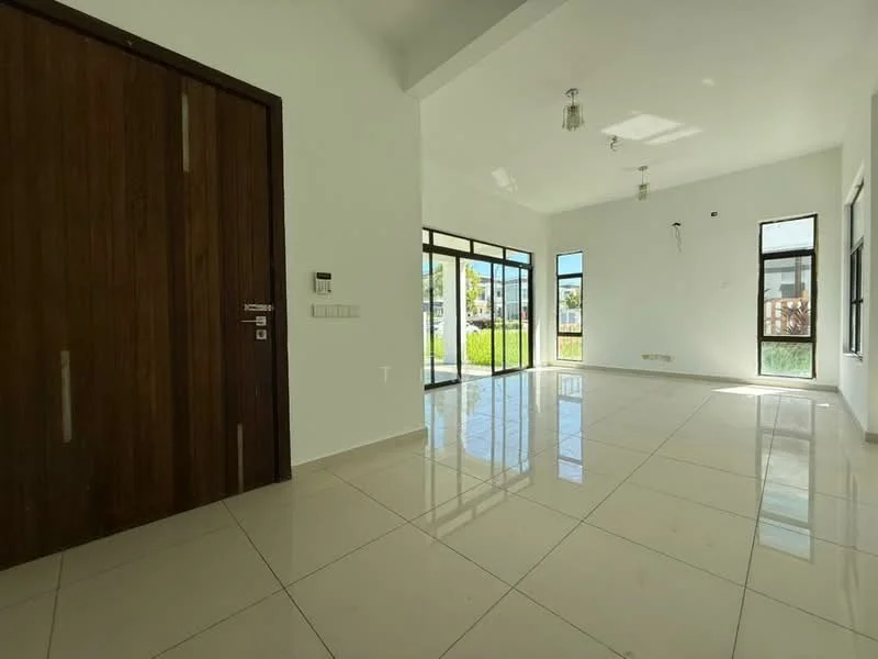 Room features: white painted walls, glossy tile flooring, high ceiling, large windows, glass sliding door, recessed downlights, ceiling fan, door with wooden finish, visible outdoor view, open layout; style: modern; view: garden.