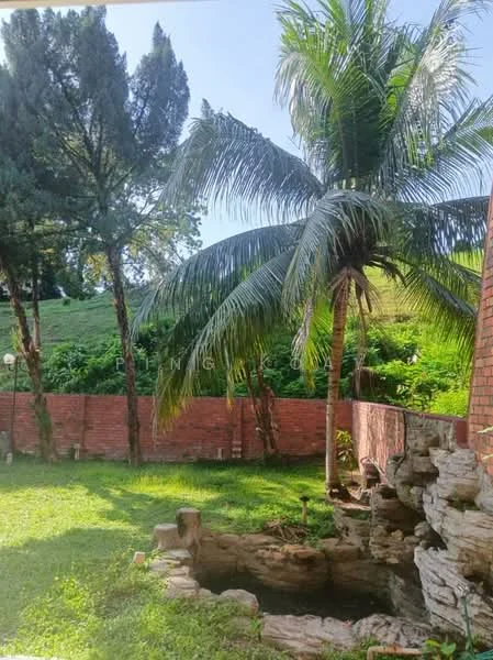 Exterior type: landscape garden; features: lush green lawn, palm trees, brick wall, rock feature with water pond, mature trees, landscaped garden; style: tropical-modern.