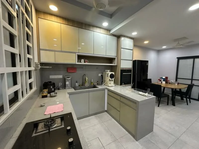 Kitchen features: grey cabinetry, white upper cabinets, stainless-steel sink, chrome pull-down faucet, built-in oven, freestanding range oven, black refrigerator, countertop with grey surface, ceramic tile flooring, recessed LED downlights, wall-mounted split AC, window with white grid design; style: modern. Dining features: round dining table, black dining chairs, ceiling fan, grey walls; style: modern.