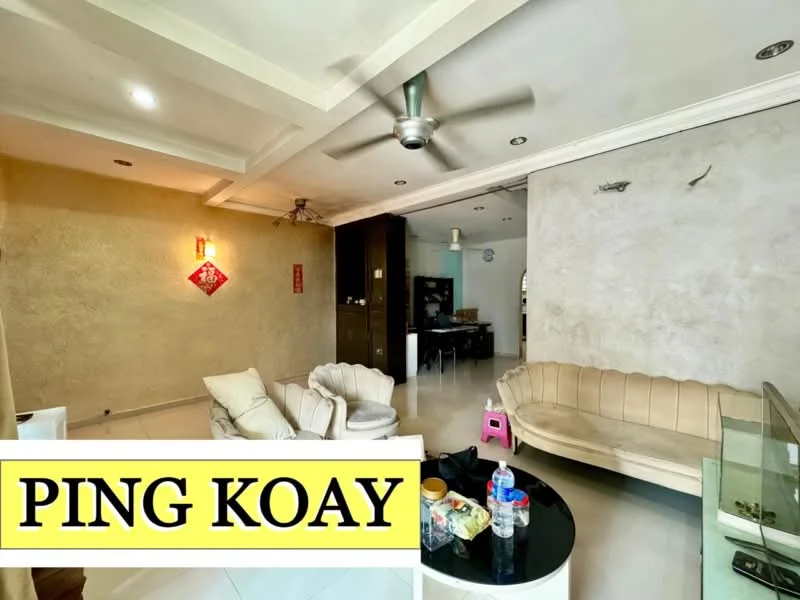 Living features: cream painted walls, white ceiling with recessed lighting, 5-blade ceiling fan, marble tile flooring, sofa with beige upholstery, coffee table, decorative wall art, open layout to dining area, natural light from windows; style: modern.