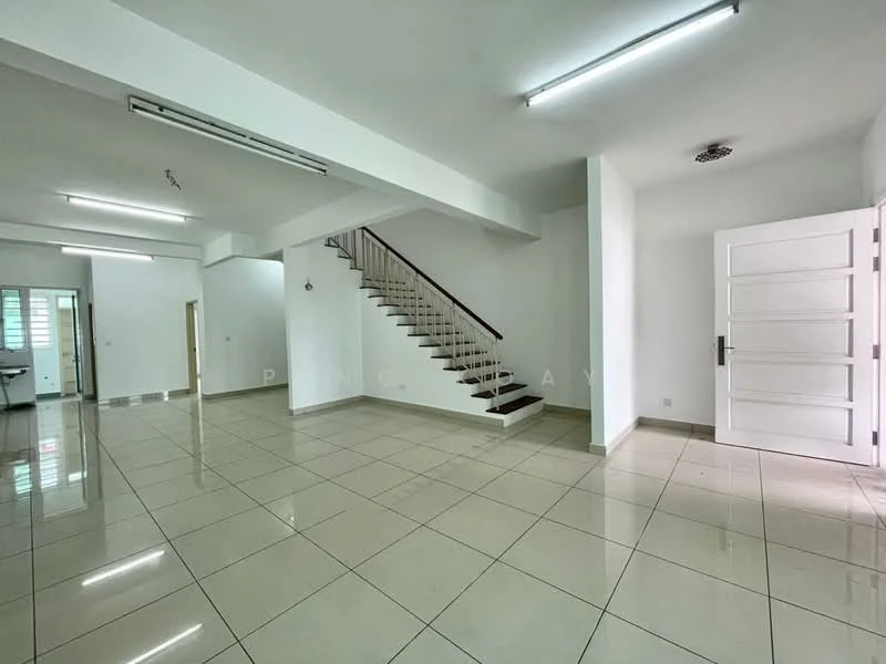 Room features: white painted walls, glossy ceramic tile flooring, staircase with wooden steps, recessed ceiling lights, door with white paneling, large windows for natural light, open layout, no visible furniture; style: modern.