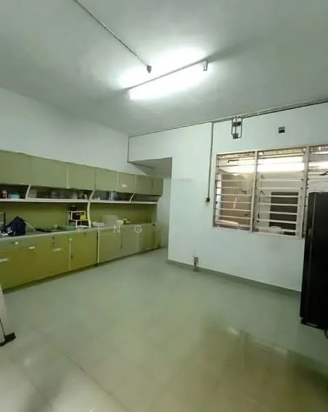 Kitchen features: green cabinetry, white countertop, stainless-steel sink, single-bowl stainless-steel sink, built-in cabinets, ceramic tile flooring, fluorescent ceiling lights, window with metal grilles, space for refrigerator, open layout.
