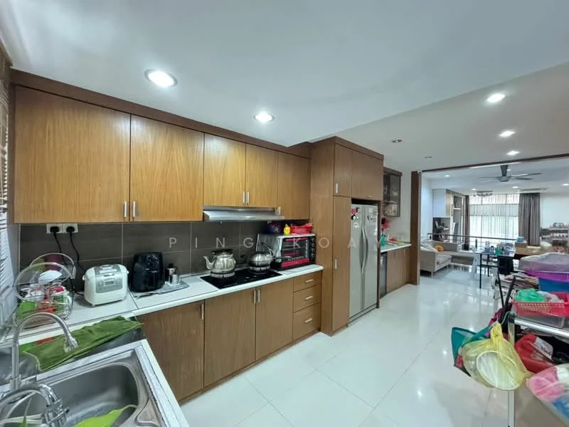 Kitchen features: brown wooden cabinetry, stainless-steel sink, chrome pull-down faucet, black countertop, built-in oven, freestanding range oven, microwave, refrigerator, ceramic tile flooring, recessed LED downlights, window with blinds, open shelving, kitchen island, wall-mounted cabinets; style: modern.
