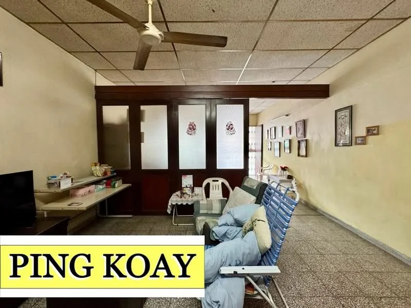 Living features: ceiling fan, wall-mounted TV, wooden partition with frosted glass, textured wall finish, grey tiled flooring, light-colored walls, decorative wall frames, sofa, coffee table, plastic chair.