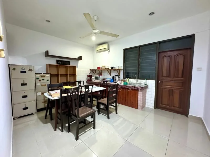 Dining features: dining table with chairs, ceiling fan, white painted walls, tile flooring, wooden cabinetry, glass window, wooden door, storage cabinets, countertop, refrigerator, light fixture.
