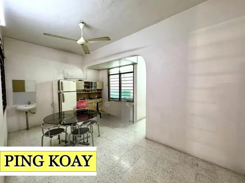 Kitchen features: white painted walls, ceiling fan, tile flooring, round dining table, 4 dining chairs, stainless-steel fridge, sink with faucet, window with horizontal bars.