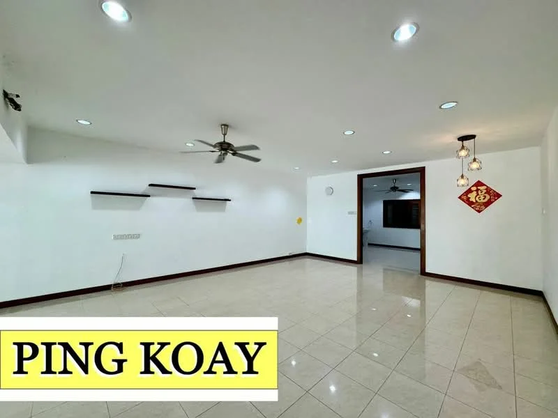 Living features: white painted walls, polished ceramic tile flooring, 5-blade ceiling fan with light, recessed downlights, wall-mounted shelves, pendant light, clock on wall, decorative wall hanging; style: modern.
