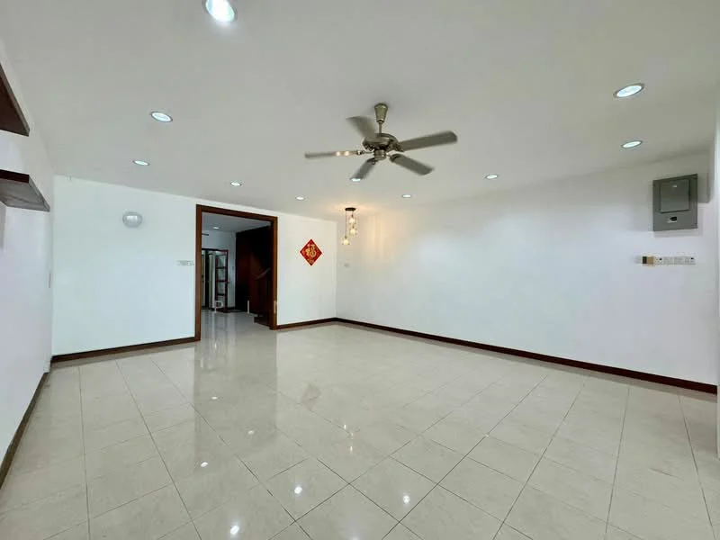 Living features: white painted walls, polished ceramic tile flooring, 5-blade ceiling fan with light, recessed LED downlights, wall-mounted electrical panel, decorative wall feature, open layout, no visible furniture; style: modern.