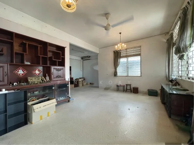Living features: white painted walls, exposed concrete ceiling, ceiling fan, chandelier, large windows with sheer curtains, built-in wooden shelving unit, wooden side table, box storage, open floor space, polished concrete flooring; style: minimalist.