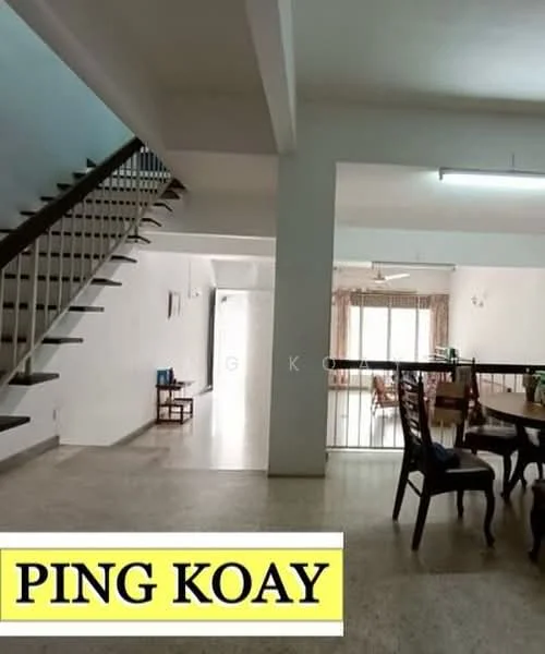Room features: staircase with wooden handrail, white painted walls, marble flooring, dining table with chairs, large windows with curtains, ceiling lights, open layout, balcony access visible in background; style: modern.