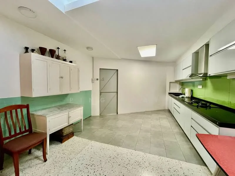 Kitchen features: white cabinetry, black countertop, green backsplash, stainless-steel sink, chrome pull-down faucet, built-in stove, oven, tile flooring, skylight, wall-mounted cabinets, open shelving, dining table, wooden chair; style: modern.