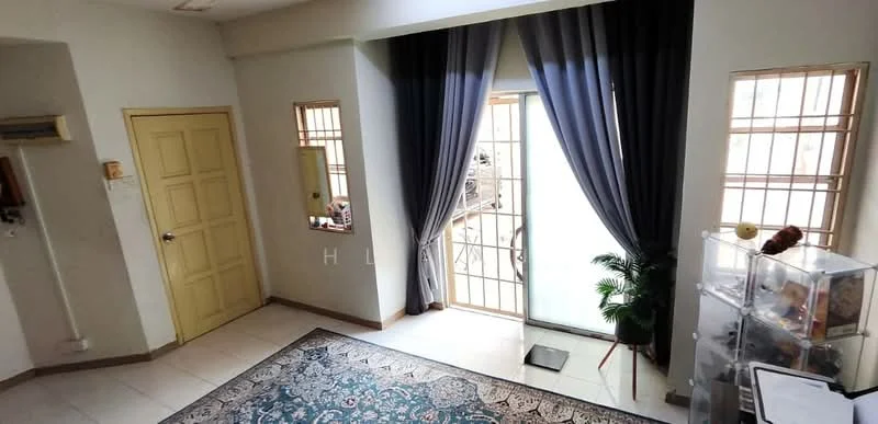 Room features: cream painted walls, white tiled flooring, floor-to-ceiling windows, sheer curtains, dark grey curtains, decorative plant in ceramic pot, area rug with intricate pattern, yellow door, glass door, visible storage unit; style: modern.