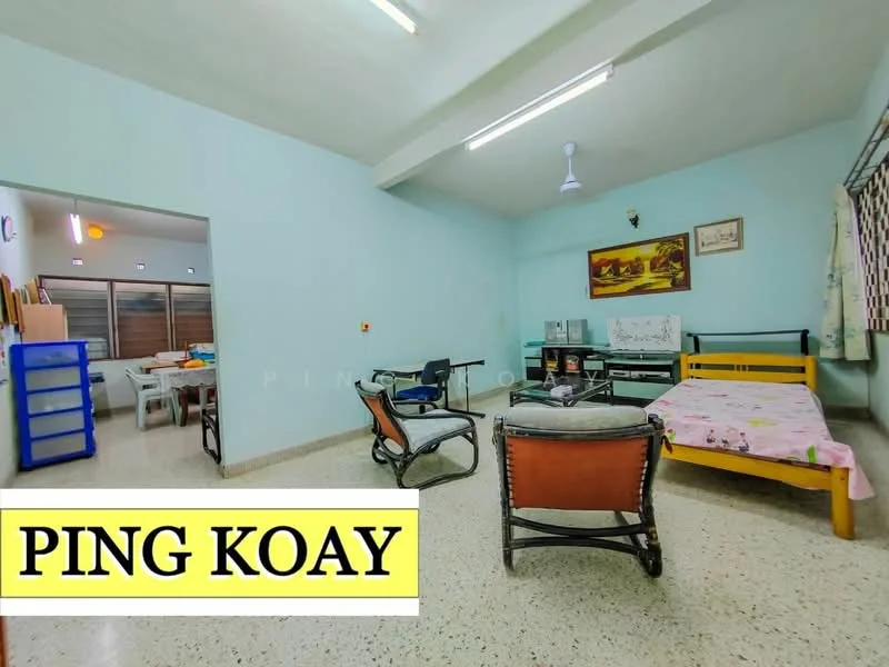 Living features: light blue painted walls, polished concrete flooring, ceiling fan, recessed ceiling lights, wooden bed frame with mattress, pink bedspread, wooden dining table with chairs, black metal shelving unit, framed artwork on wall, window with curtains, two-seater sofa, coffee table.