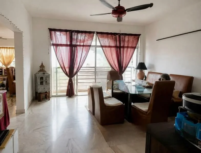 Dining features: marble flooring, 5-blade ceiling fan, large windows with sheer curtains, brown leather dining chairs, glass dining table, decorative lantern, wall-mounted shelf, natural light from balcony, open layout to living area; style: modern; view: city.