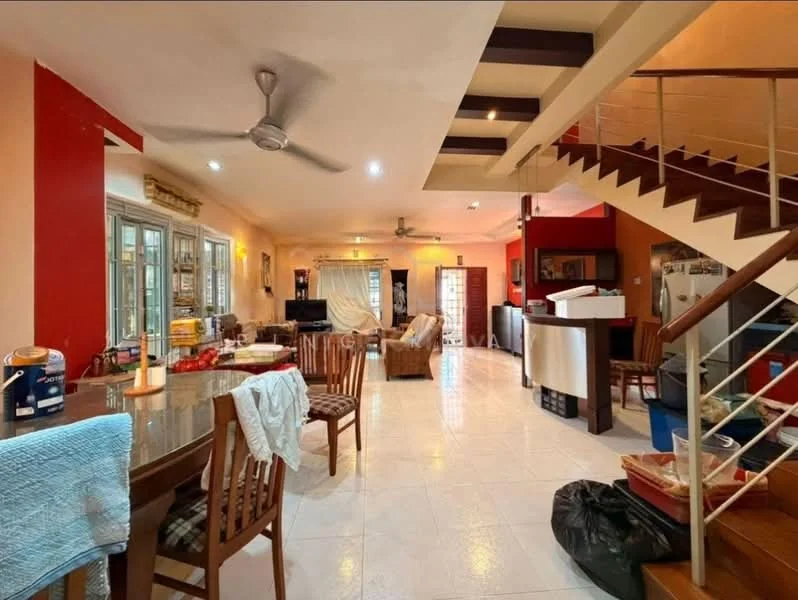 Living features: white painted walls, cream tiled flooring, 5-blade ceiling fan with light, sofa chairs, wooden dining table with chairs, TV console, refrigerator, staircase with wooden railing, large windows with sheer curtains, decorative wall art, open layout, natural light from windows, area rug, potted plants; style: modern.