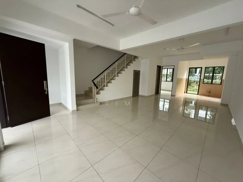 Living features: white painted walls, marble tile flooring, 5-blade ceiling fan, 2 ceiling fans, large windows, sliding glass door, staircase, open layout, natural light, neutral color palette; style: modern; view: garden.