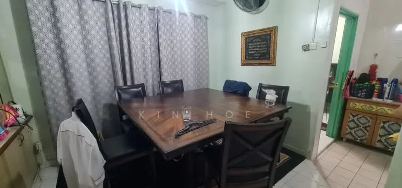 Dining features: wood dining table, 6 dining chairs, grey curtains, wall-mounted air conditioning unit, framed artwork on wall, tile flooring, green door leading to another room, decorative wall paneling. Room features: kitchen cabinetry visible, various kitchen appliances visible.