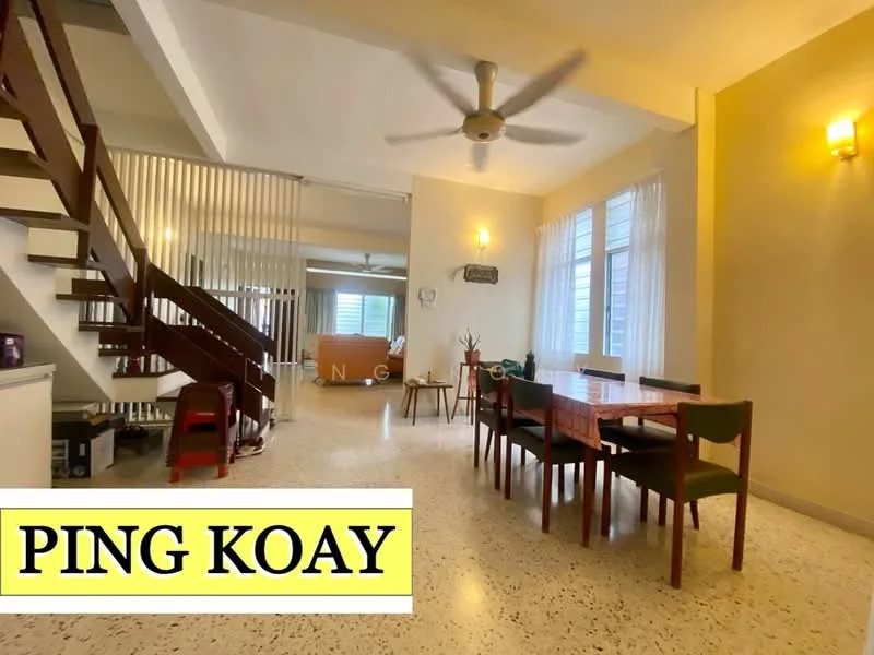 Living features: 5-blade ceiling fan, dining table with 6 chairs, wooden staircase, large windows with sheer curtains, polished terrazzo flooring, wall-mounted clock, decorative plants, light fixtures on walls; style: modern.