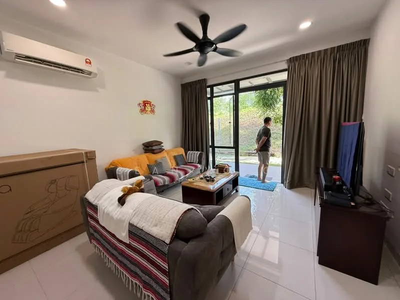 Living features: 5-blade ceiling fan with light, wall-mounted split AC, grey fabric sofa, 3-seater sofa with throw pillows, coffee table, TV console, wall-mounted TV, large glass sliding door, floor-to-ceiling windows, curtains, white painted walls, glossy tile flooring, decorative wall art, area rug; style: modern; view: garden.