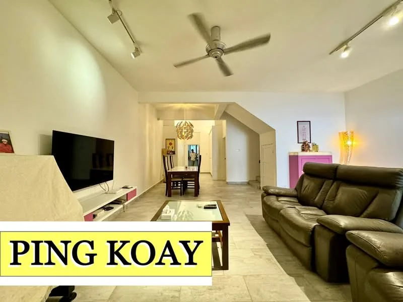 Living features: grey leather reclining sofa, glass coffee table, wall-mounted TV, white painted walls, recessed downlights, 5-blade ceiling fan, dining table with chairs, decorative wall art, built-in cabinetry, tile flooring; style: modern.