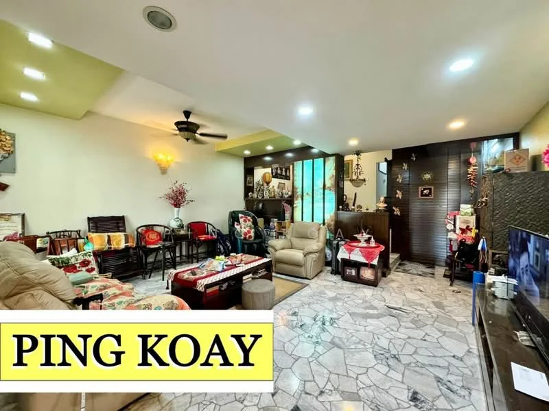 Living features: cream painted walls, marble flooring, 5-blade ceiling fan with light, recessed downlights, large windows with natural light, sofa set with floral upholstery, coffee table, TV console, decorative wall art, side tables, area rug, potted plants, wooden shelving unit; style: modern.
