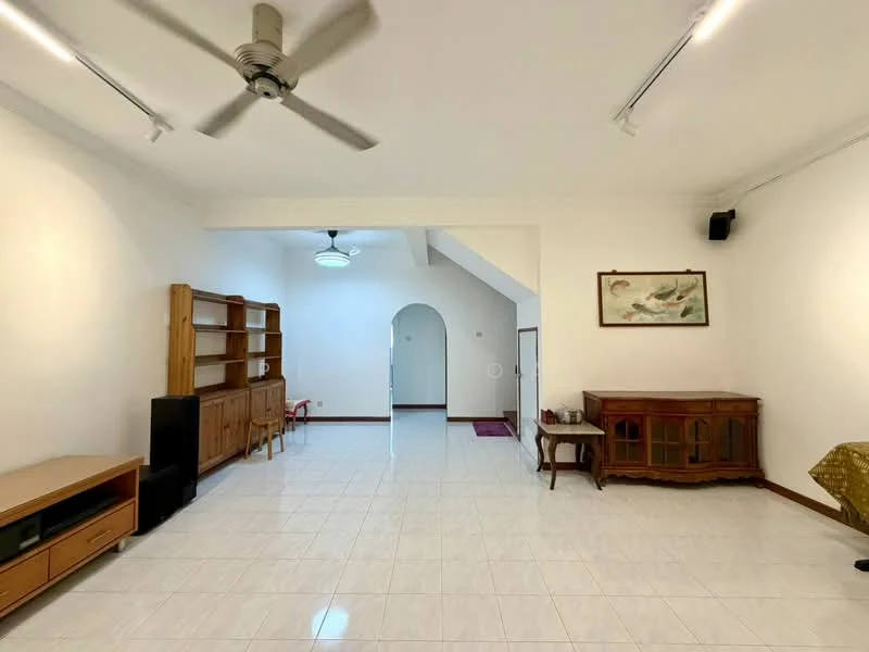 Living features: white painted walls, glossy ceramic tile flooring, 5-blade ceiling fan with light, wall-mounted light fixtures, wooden sideboard, wooden shelving unit, decorative wall art, arched doorway, open layout, natural light from windows; style: modern.